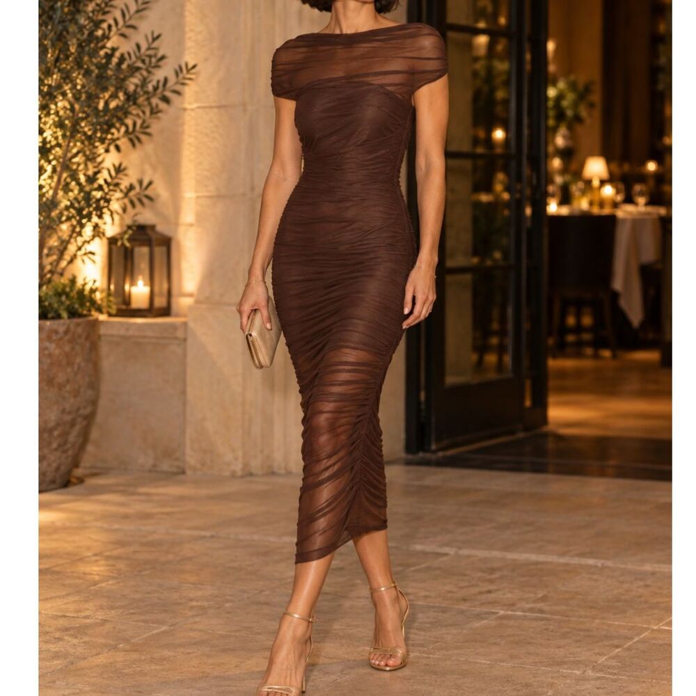 Lulus Sunama Brown Mesh Ruched Bodycon Midi Dress Medium NWT Modern Glam